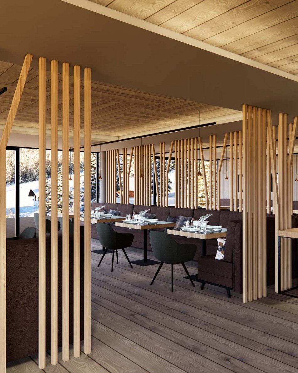 Hotel near Plan de Corones/Kronplatz: more flavour! Modern restaurant interior with wooden partitions and snowy outdoor view