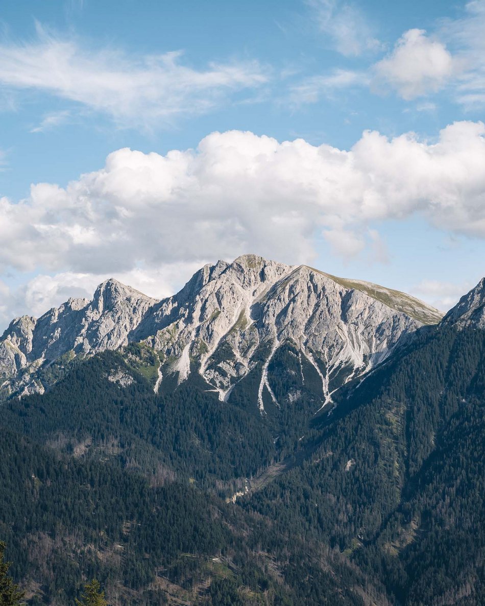 Firmenevents, Tagungen, Teambuilding und mehr Gebirgskette mit felsigen Gipfeln und Wald unter bewölktem Himmel