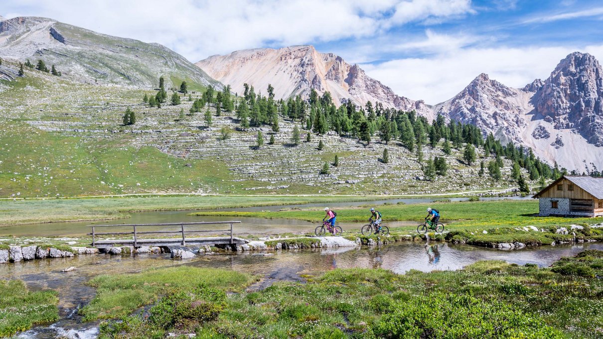 Deine Unterkunft im Pustertal: oh, wow! Mountainbiker fahren über Brücke in grüner Berglandschaft