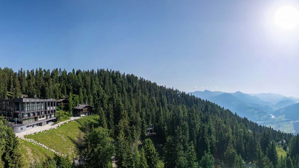 Dein Hotel in Olang: Willkommen im Olangerhof! Modernes Hotel umgeben von Wald und Bergen unter blauem Himmel und Sonne