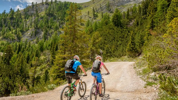 Olang in summer: sunny days at Olangerhof Two cyclists riding on a mountain trail surrounded by trees and rocky hills